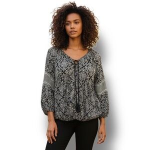 American Eagle Women's Boho Floral Peasant Blouse Tassel Tie 3/4 Sleeve Black XS
